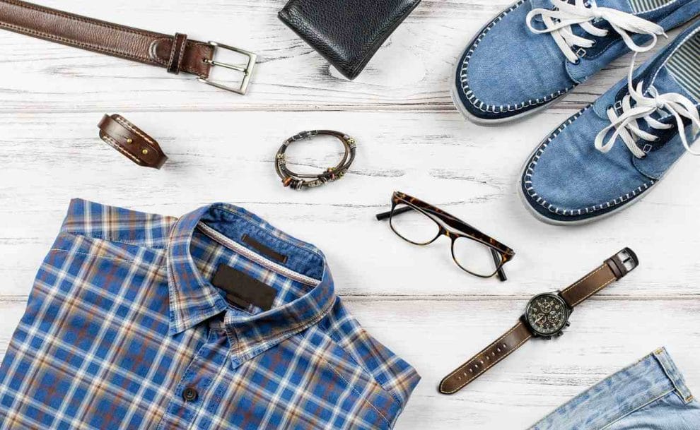 Casual male dress code with a blue check shirt and blue canvas shoes