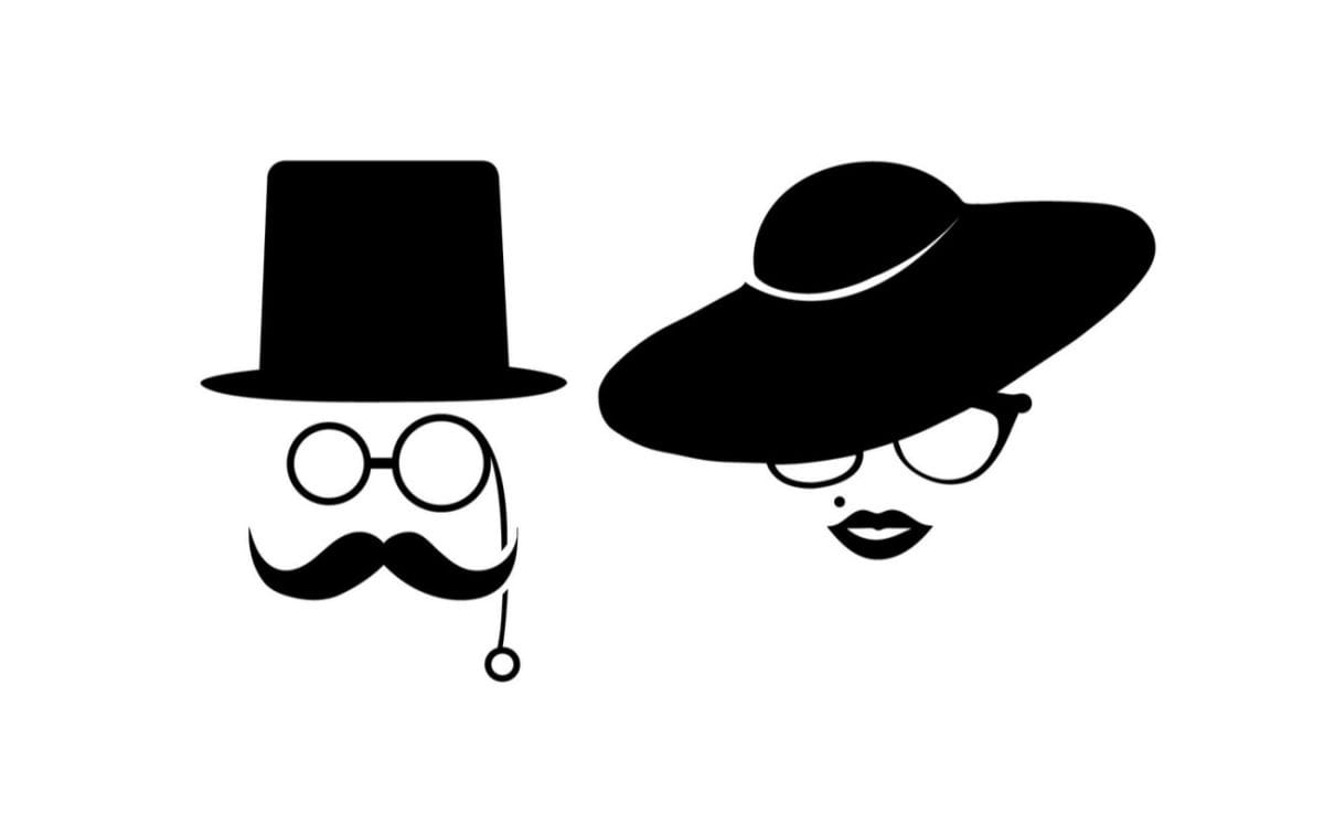 Black icon of gentleman wearing a top hat and lady wearing a wide brimmed hat 