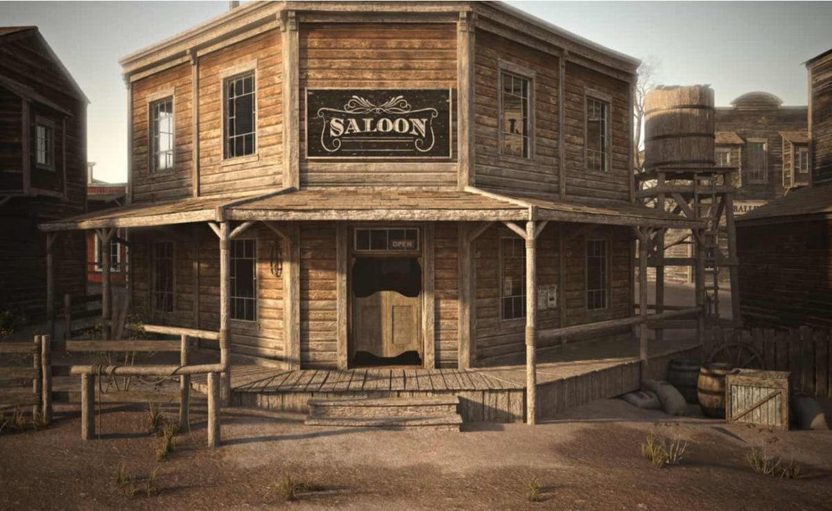 A Western town saloon with other businesses on either side