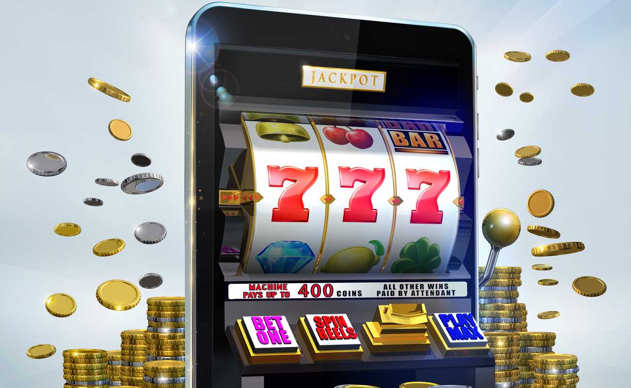 Jackpot slots machine with 777 displayed with coins flying around it