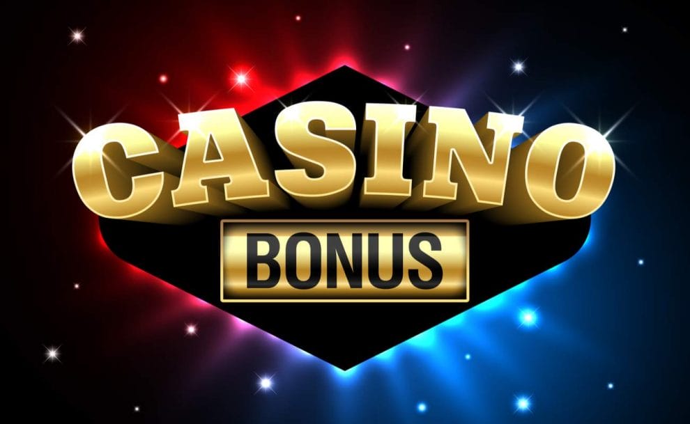 Casino bonus in big gold letters with blue and red sparks in the background.