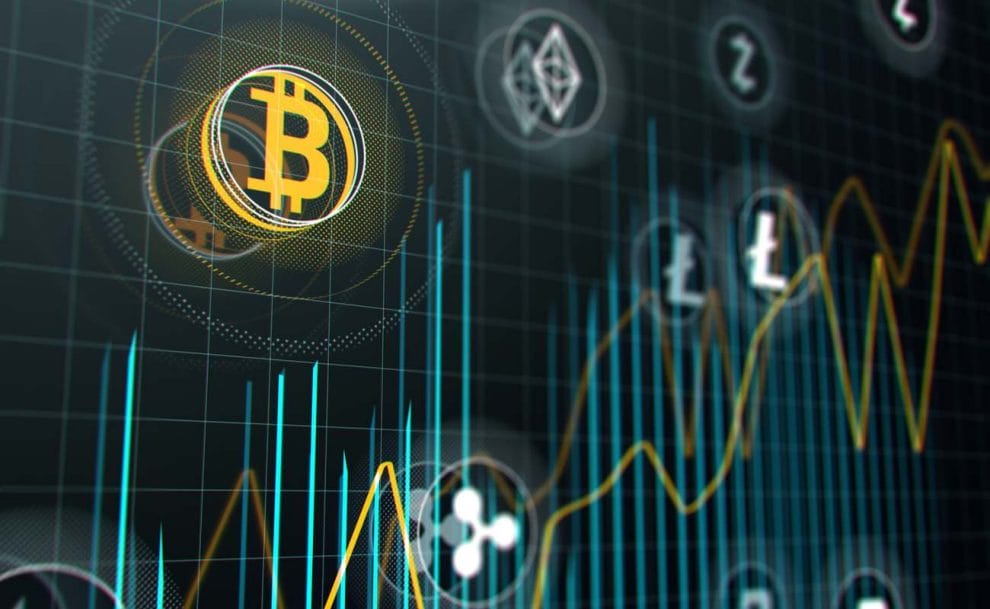 Bitcoin and other virtual cryptocurrencies on a stock market graph.