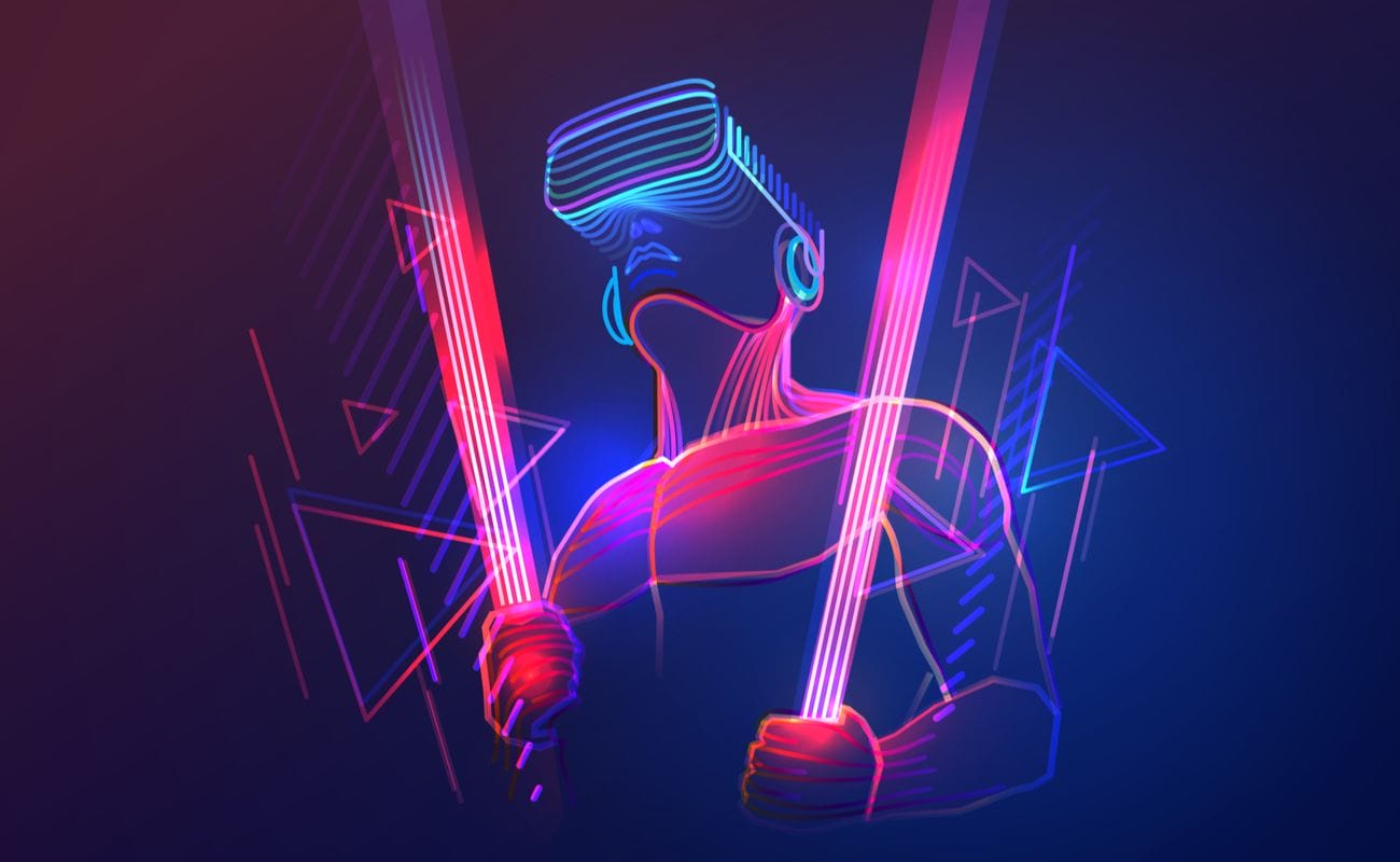 virtual reality gaming with a man wearing a VR headset and using light swords.