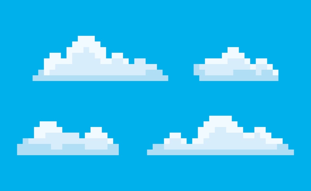 pixel art game icons, with a blue sky background and 4 pixelated clouds.