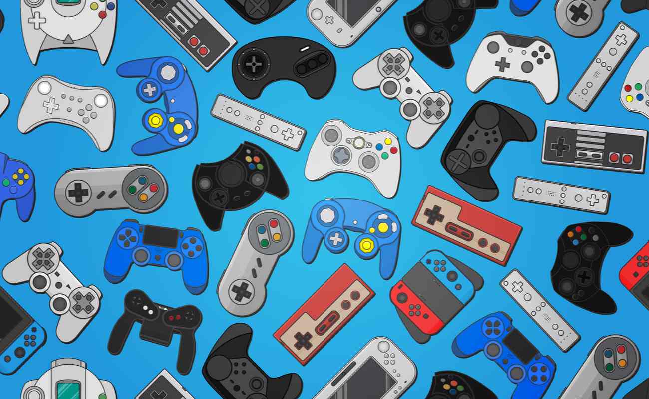Multiple gaming controllers including Playstation and Nintendo switch on a blue background.