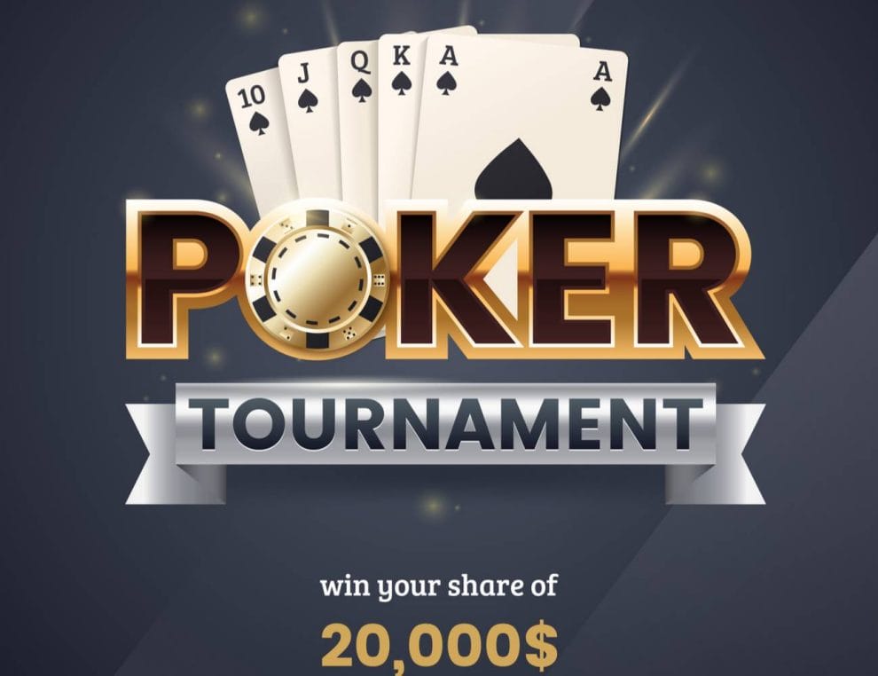 Poker tournament banner in front of a royal flush poker combination.