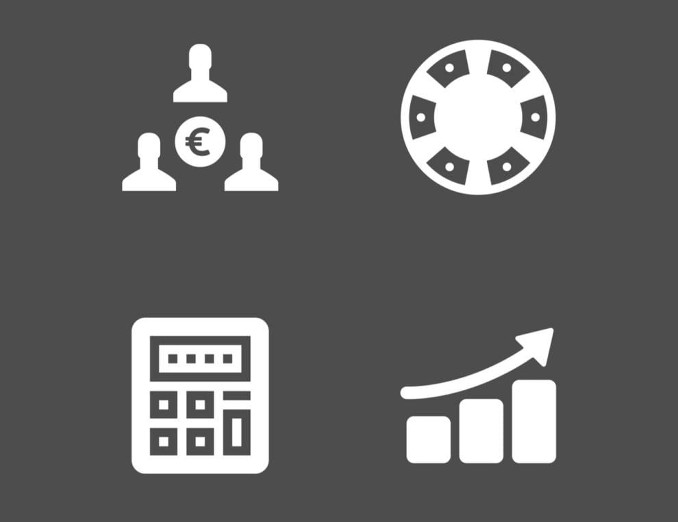 Money icon, poker chip icon, calculator icon and chart icon