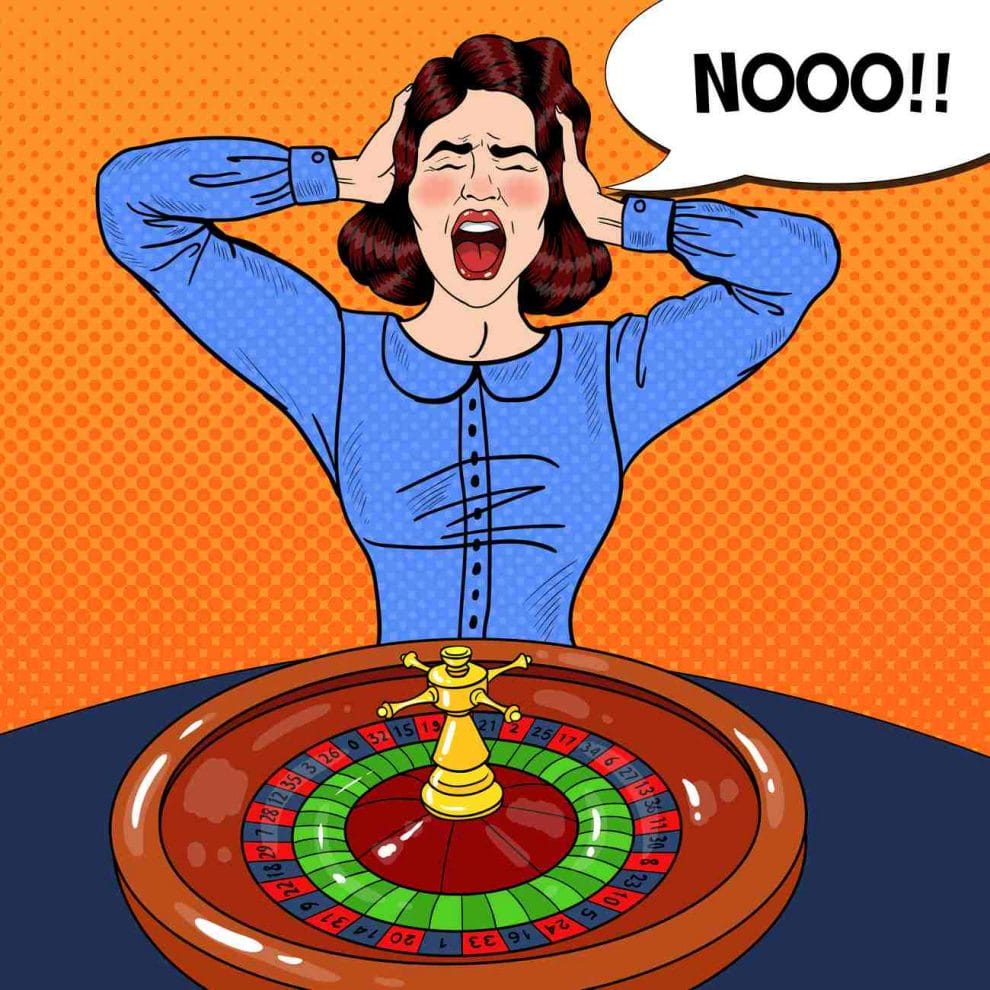 Stressed screaming woman behind a roulette table in pop art cartoon.