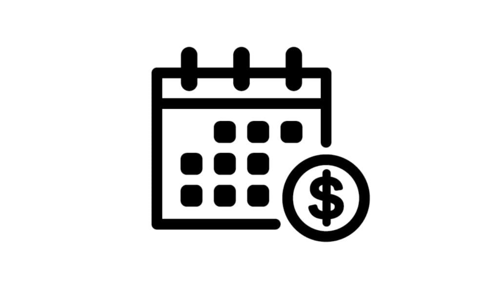 Calendar icon with a dollar sign in black and white outline.