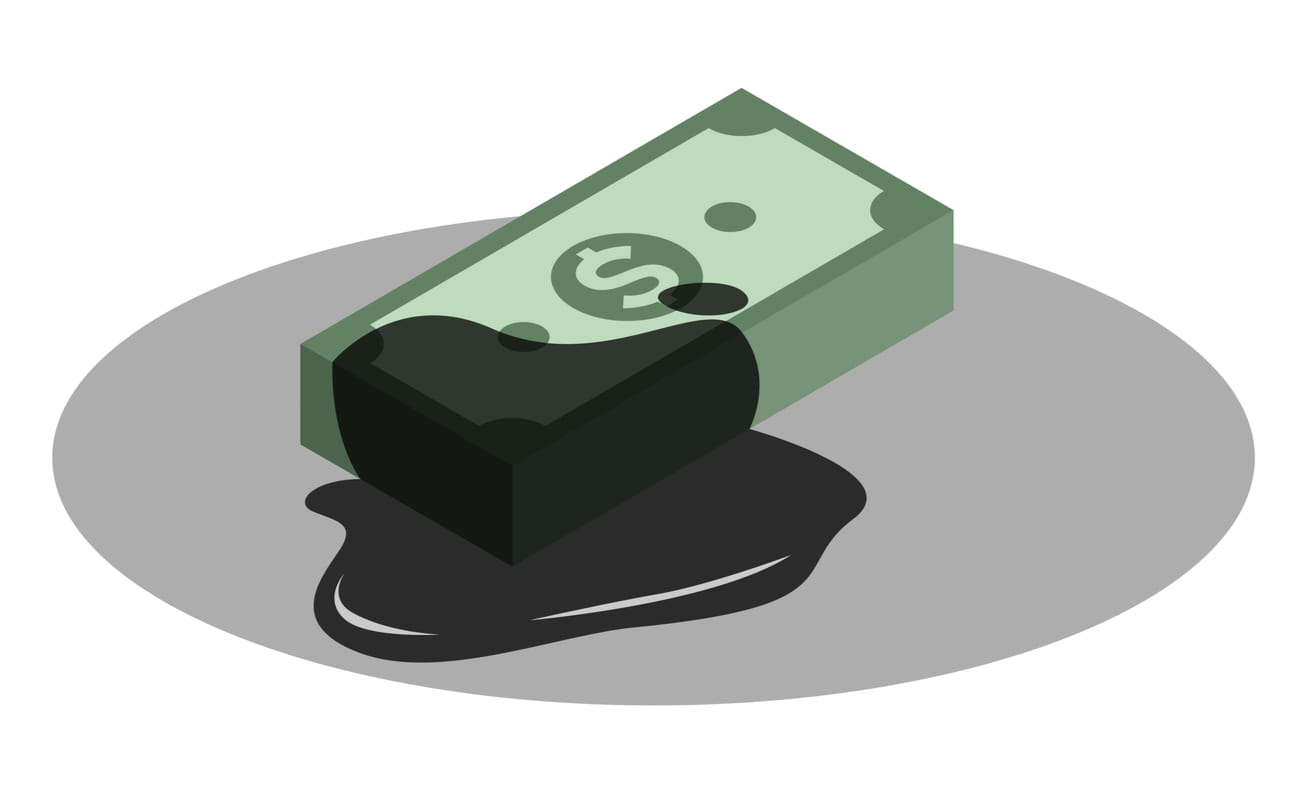 Drawing of green notes of money covered in a black dirty substance