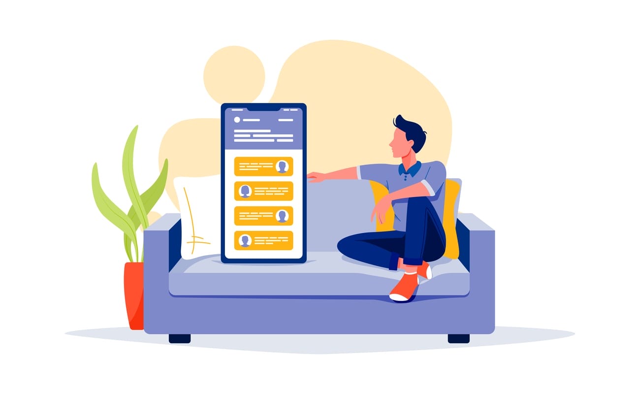 Illustration of a person sitting on a sofa next to a giant phone
