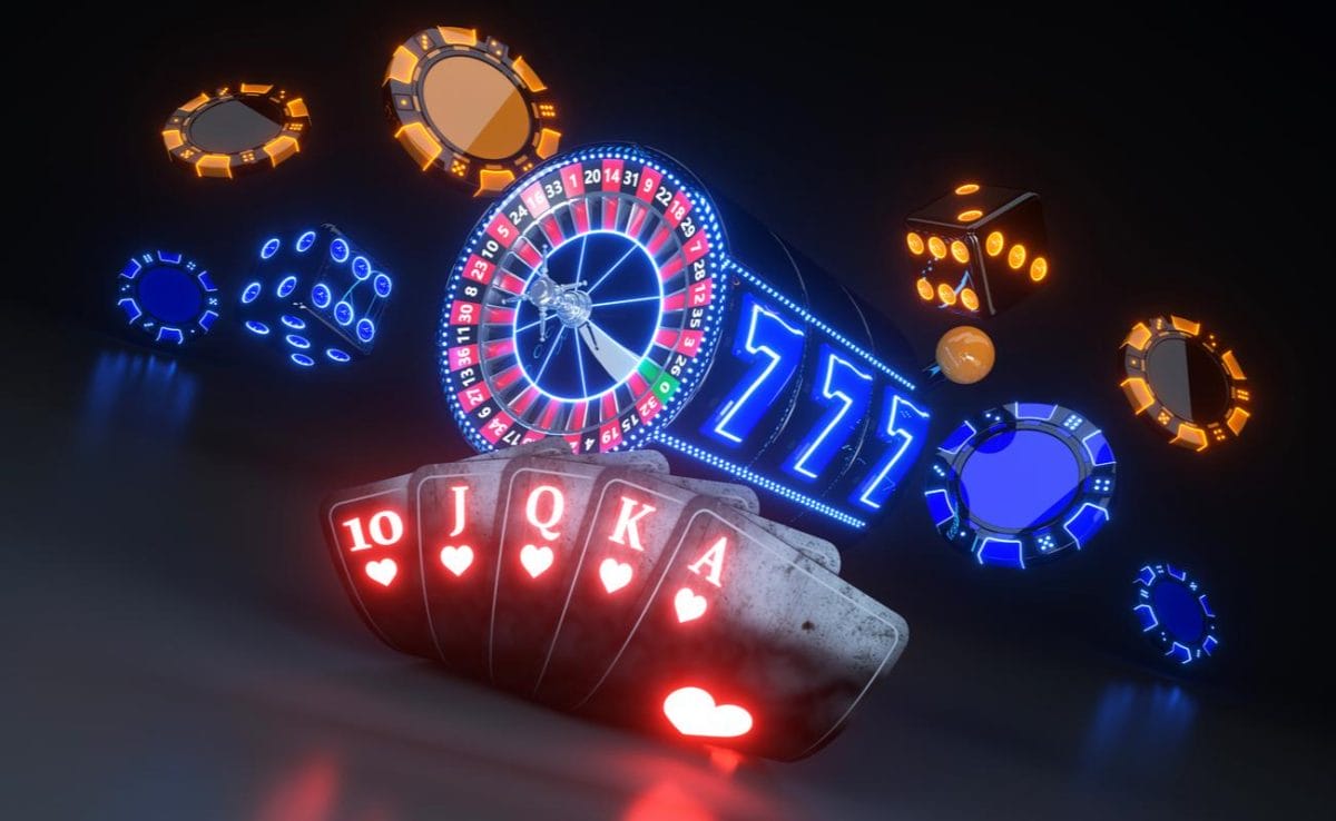 neon cards and poker chips and casino slots on dark background
