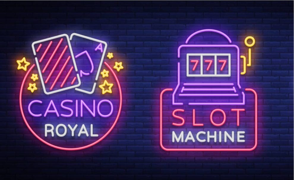 Vector illustrations of casino game signs in neon lights