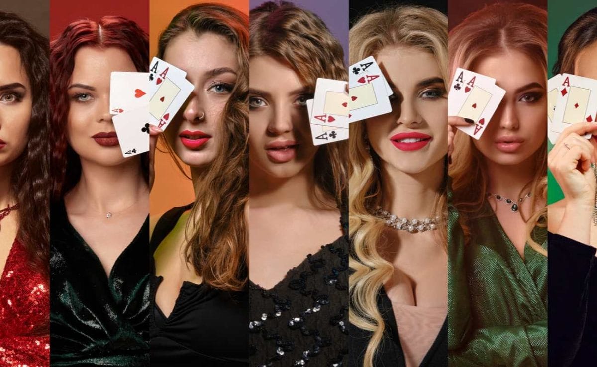 Collage of models in dresses and jewelry covering one eye by two playing cards, smiling and posing
