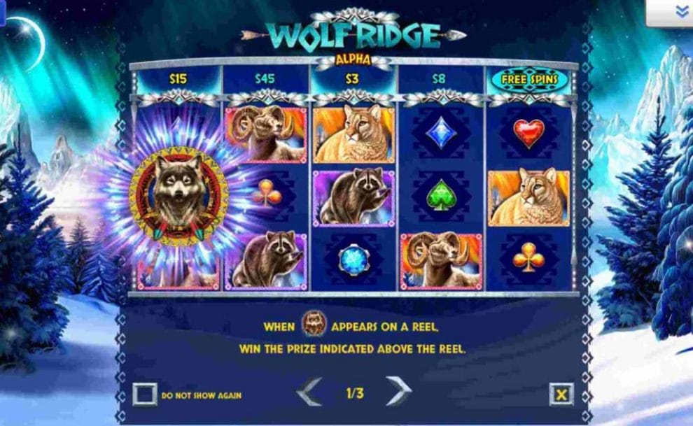 Wolf Ridge online slots game icons with winter sky background