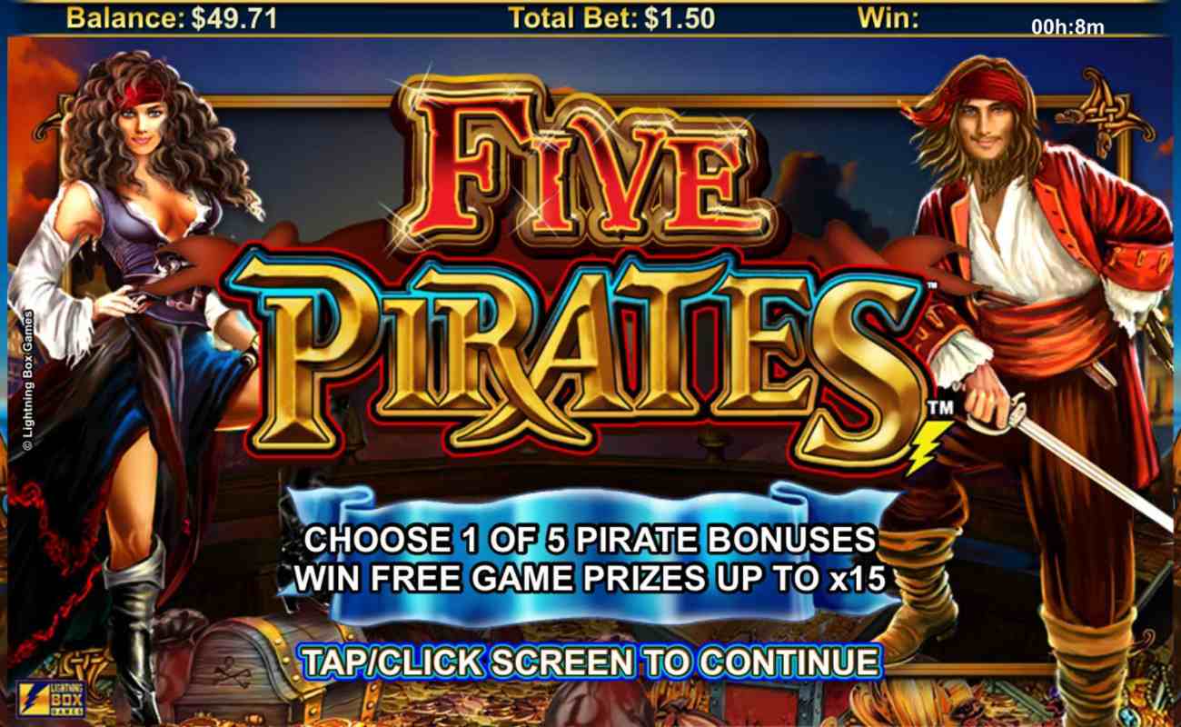 Welcome screen of Five Pirates online slot casino game