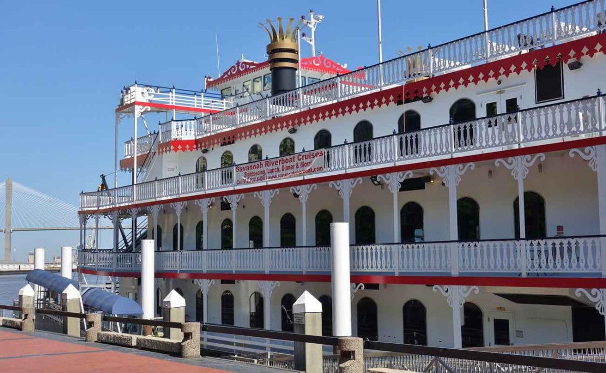 View of the Georgia Queen steamboat, a Savannah Riverboat Cruise tourist attraction on the Savannah River in Georgia