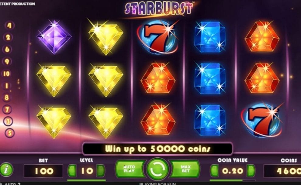 The reel set up of the Starburst online slot game.