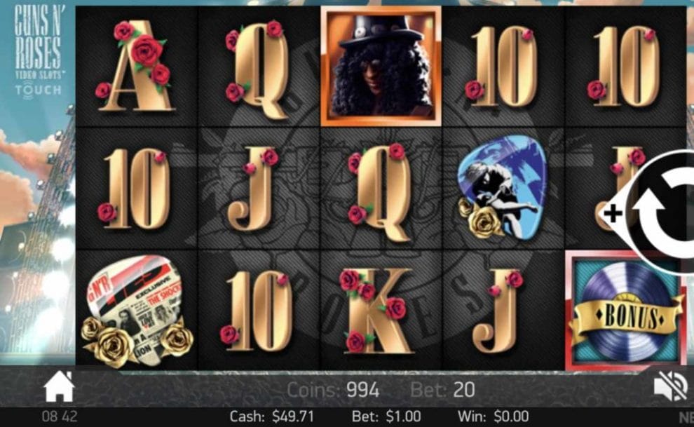 Guns N’ Roses online slot with gold playing card symbols, guitar picks, and Slash as reel symbols.