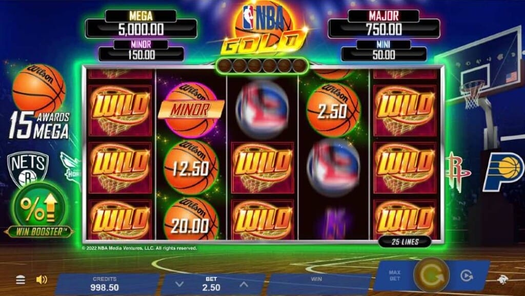 A screenshot of the NBA Gold slot. The background is half of a basketball court with the net visible in the upper-right corner. The game reels feature basketballs with cash and jackpot prizes, as well as wild basketball net symbols. 