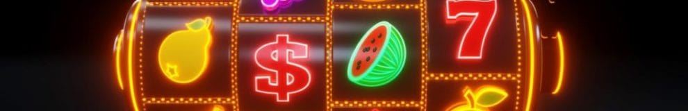 Slot Machine With Fruit Icons in neon lights