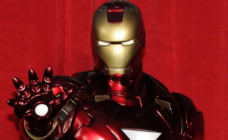 Iron Man character against a red background