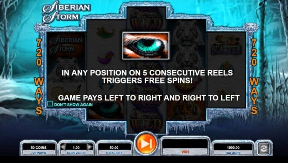 A screenshot of the Siberian Storm slot explaining how free spins are triggered by landing 5 consecutive reels and that payouts are made from left to right.