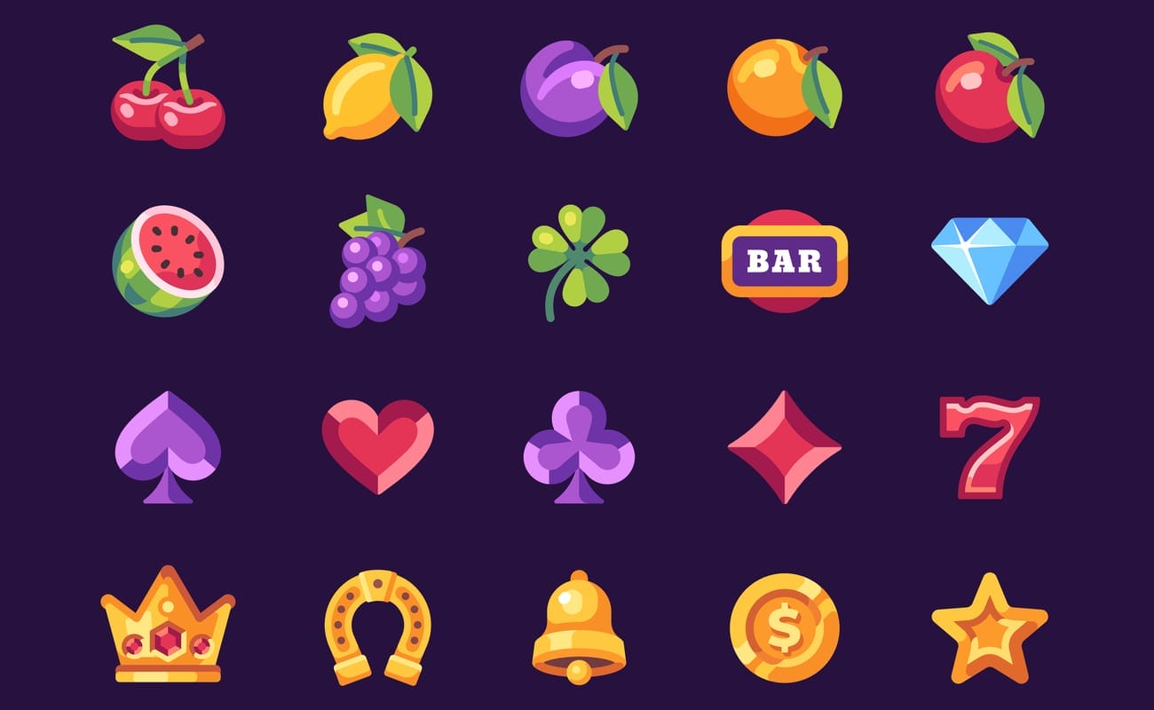 Classic slot machine symbol collection on dark blue background