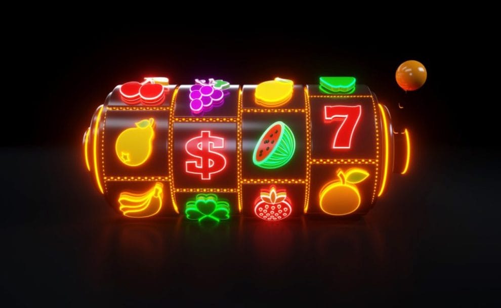 Neon slot machine with fruit icons