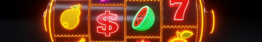  Neon slot machine with fruit icons