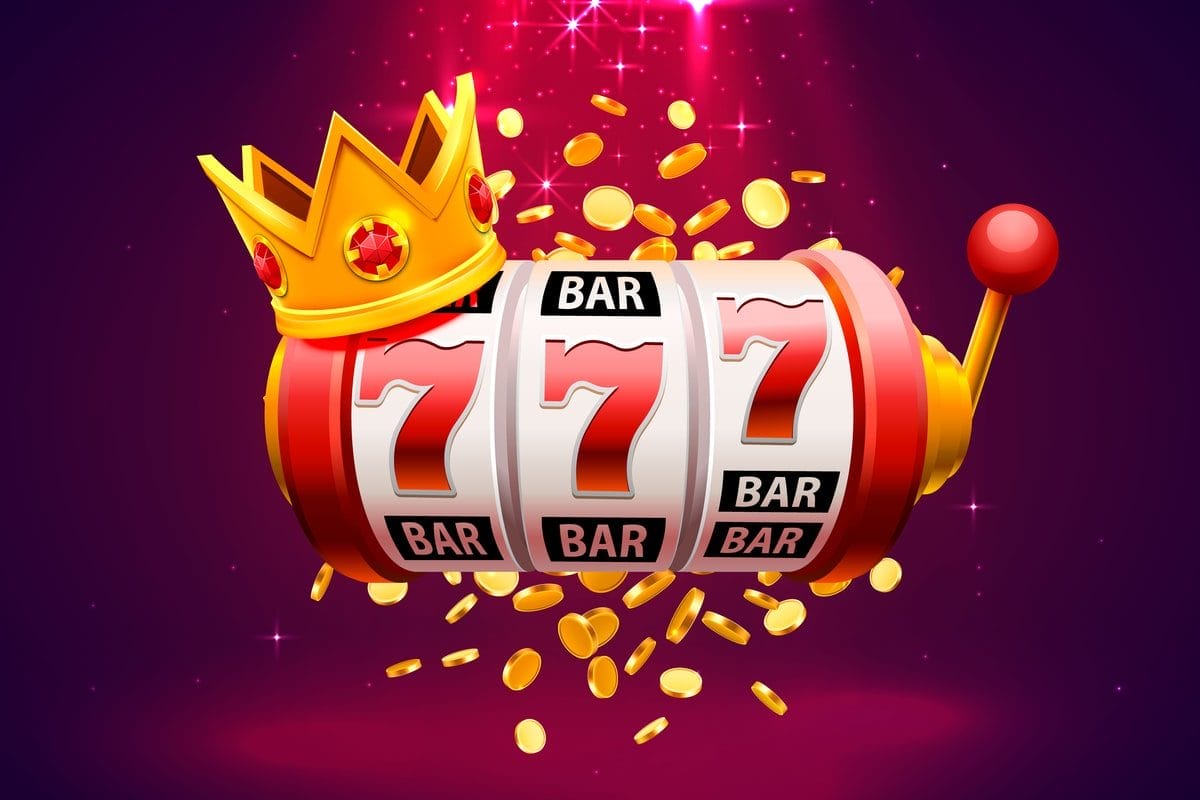 Vector of a 3-wheel slot showing three 7s, with a yellow and red lever, coins on the background and a golden crown settled on the wheels