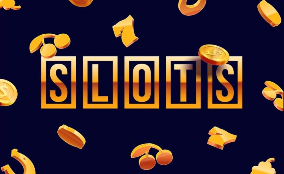 Text "Slots" in gold characters surrounded by gold slot machines symbols on a black background