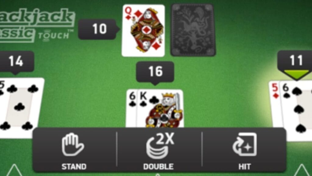 Blackjack Classic Touch with three hands of cards and the dealer’s hand on a green blackjack table.