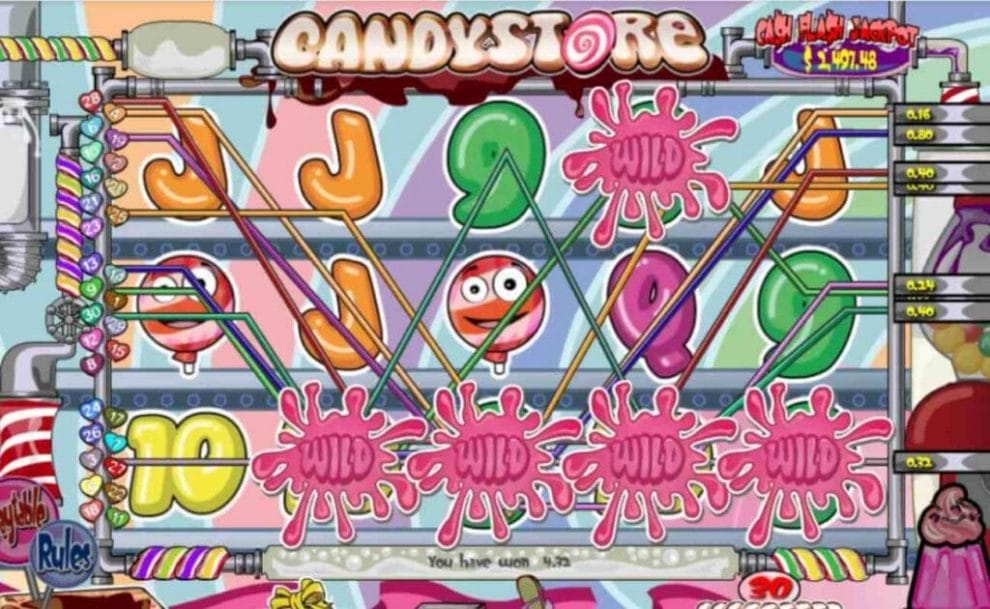 Candy Store slot game with wild symbols, colorful playing cards, and candy symbols with happy faces.