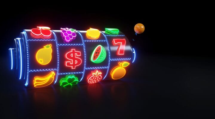 3D illustration of slot machine with fruit icons and neon lights