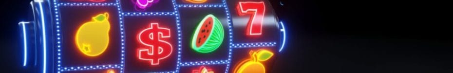 3D illustration of slot machine with fruit icons and neon lights 