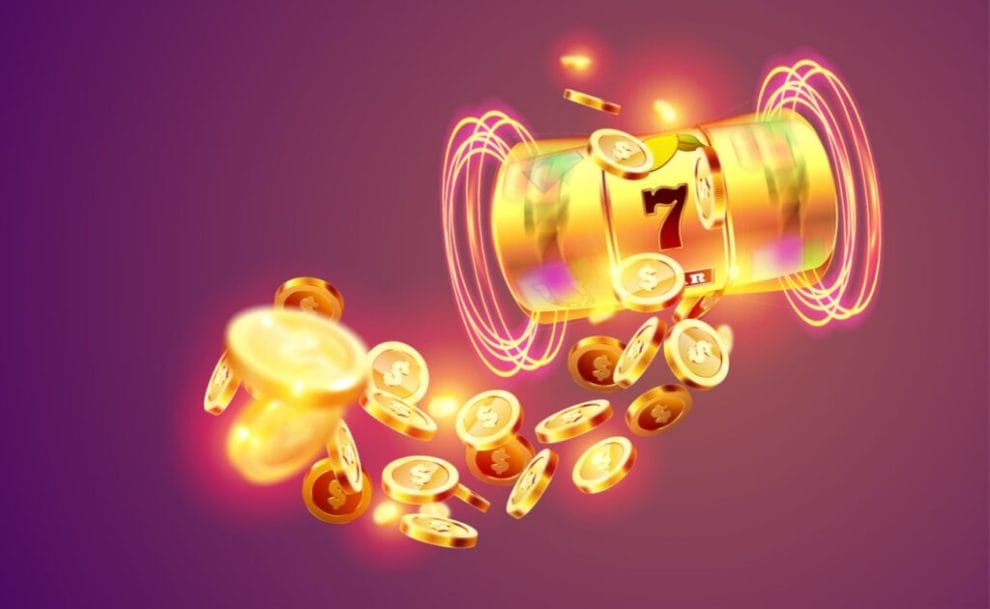 Golden slot machine wins the jackpot 777 on the background of an explosion of coins.