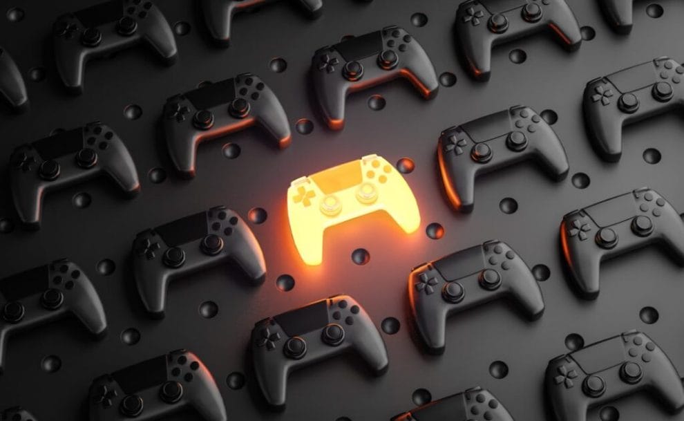 3D rendering of glowing gamepad between multiple black joysticks