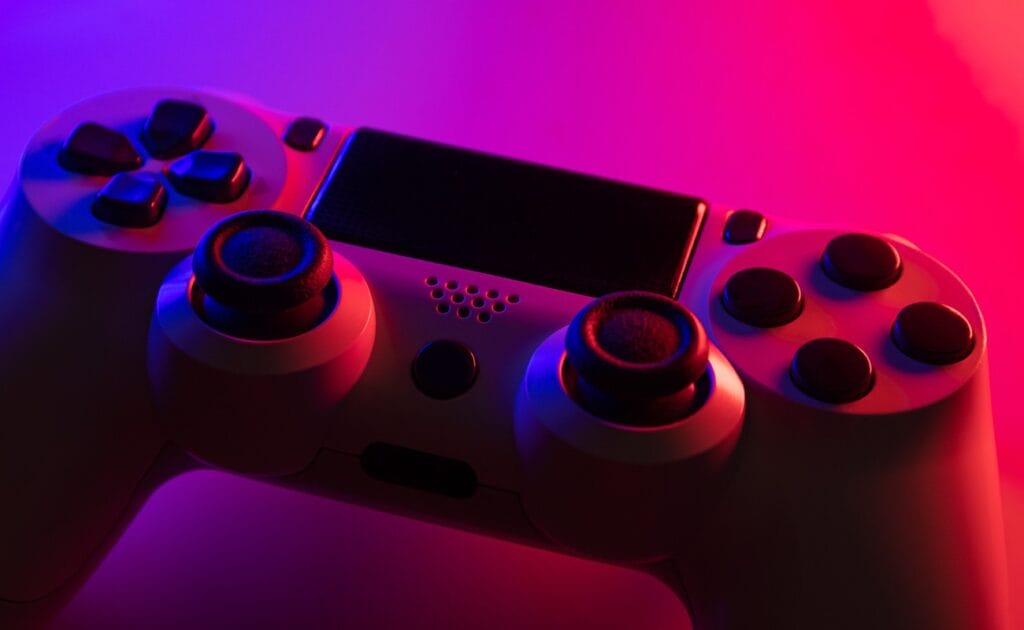 Game controller with blue and red lights - Selective Focus