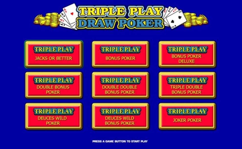 A screenshot of the nine video poker variants available in Triple Play Draw Poker.