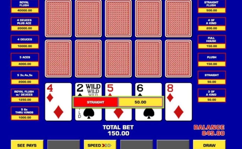 A screenshot of the game play of the Deuces Wild Bonus Poker game in Triple Play Draw Poker.