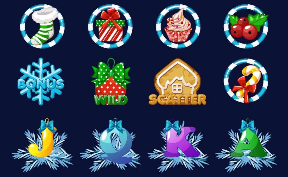 Set of icons for a Christmas holiday-themed casino slot game.