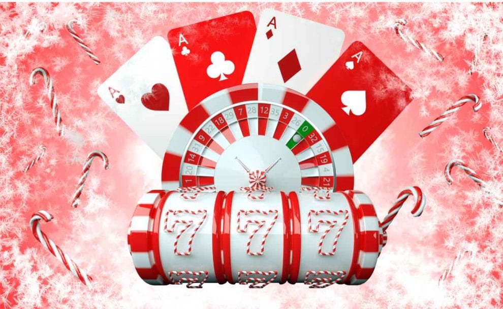 Red and white Christmas and New Year-themed slot machine, roulette wheel, and playing cards with candy canes.