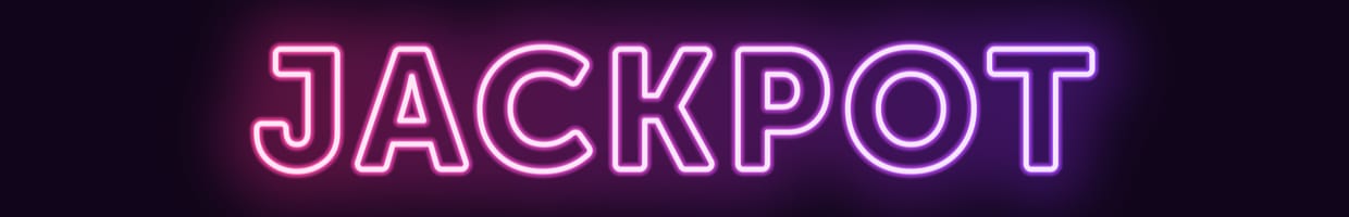 The word Jackpot lit up in a neon purple sign.