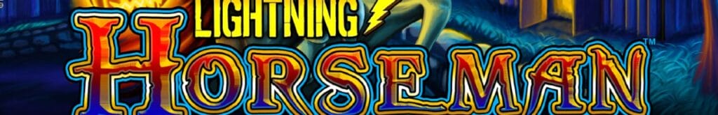 Lightning Horseman logo on blue background.
