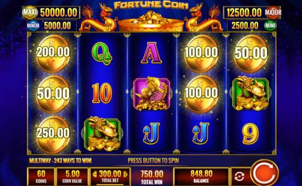 Screenshot of the gameplay of Fortune Coin featuring six coin symbols on the 5x3 slot grid with the values displayed above each, amounting to a total win of $750.