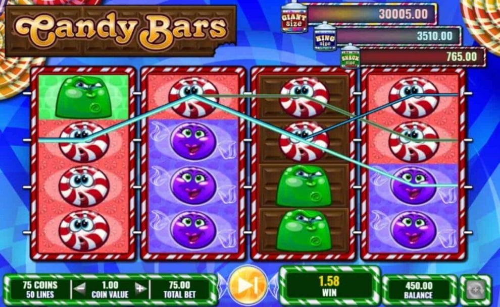 A screenshot of the gameplay of Candy Bars, featuring four chocolate bars that make up the 4x4 slot grid. The three jackpots are displayed above the slot grid and the symbols are depicted by various candy icons with faces.