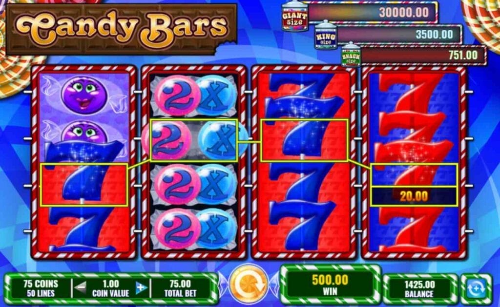 A screenshot of a $500 win on the Candy Bars slot game with yellow boarders have been drawn around the winning symbols on one of the paylines; the reels are filled with mainly 7s symbols and 2x multipliers.
