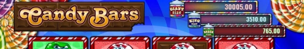 The title screen for the Candy Bars slot game by IGT, featuring a chocolate bar with the game logo on it surrounded by various candy icons on a blue background with spiral designs on it.