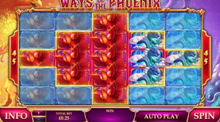 Game window at the start of Ways of the Phoenix, an online slot casino game by Playtech.
